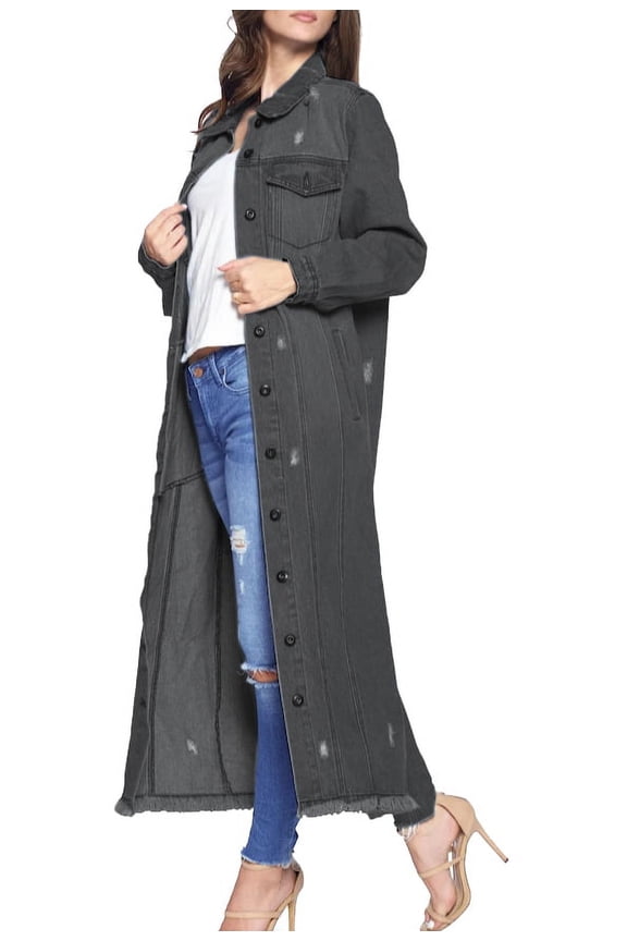 Women's Classic Distressed Cotton Denim Button Up Oversized Long Jean Jacket (Black, L)