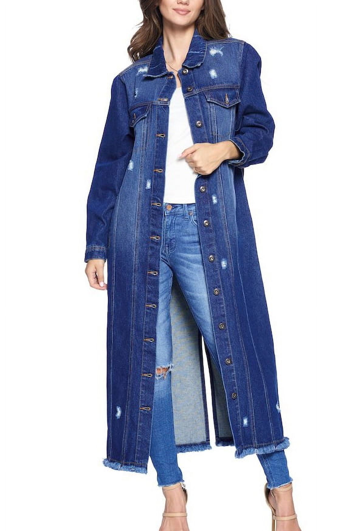 Women's Classic Distressed Cotton Denim Button Up Oversized Long Jean  Jacket (Dark Blue, L)