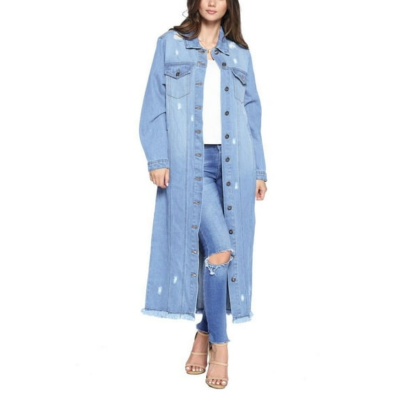 Women's Classic Distressed Cotton Denim Button Up Oversized Long Jean Jacket (Light Blue, L)