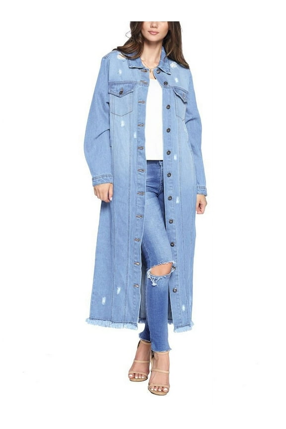 Women's Classic Distressed Cotton Denim Button Up Oversized Long Jean Jacket (Light Blue, L)