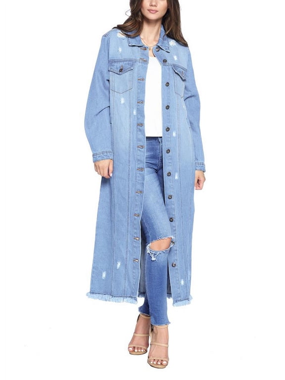 Women's Classic Distressed Cotton Denim Button Up Oversized Long Jean Jacket (Light Blue, S)