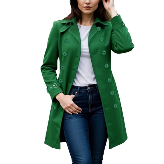Women's Classic Double Breasted Trench Coat Bright Pink Long Sleeve Notch Lapel Cuff Buckle Design Mid Length Casual Windbreaker for Work Travel Army Green