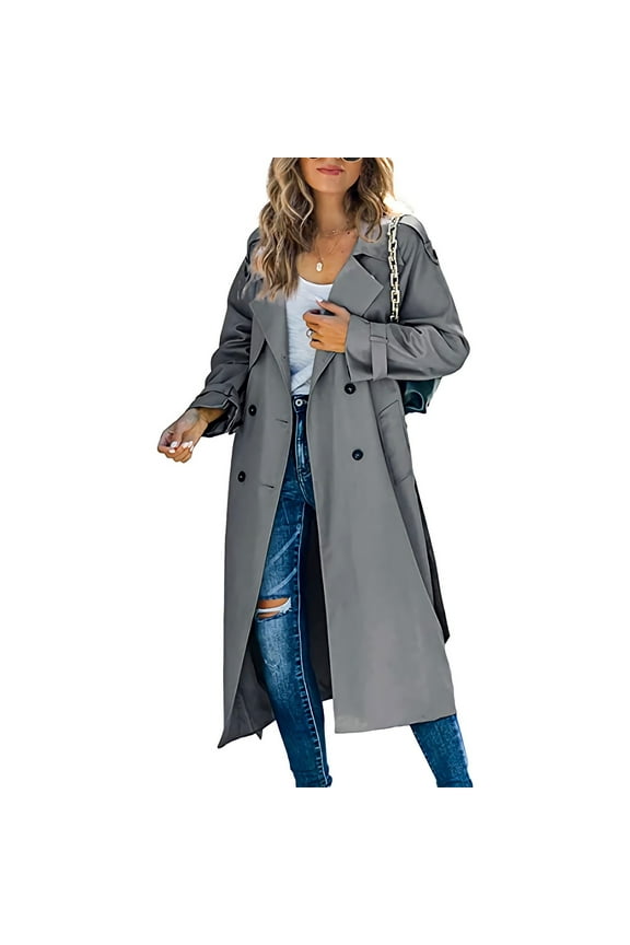 Women's Classic Double Breasted Trench Coat, Knee Length Lapel Collar Overcoat, Slim Fit Belted Waist Jacket, Fall Winter Outerwear, Timeless Style Coat Grey S