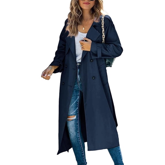 Women's Classic Double Breasted Trench Coat, Knee Length Lapel Collar Overcoat, Slim Fit Belted Waist Jacket, Fall Winter Outerwear, Timeless Style Coat Navy S