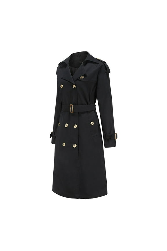 Women's Classic Double-Breasted Trench Coat Long Sleeve Belted Overcoat with Gold Buttons Stylish Outerwear