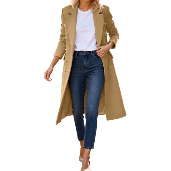 Women's Classic Double Trench Overcoat Elegant Lapel Collar Long Winter Blend Wool Coat For Fall Seasonal Outerwear