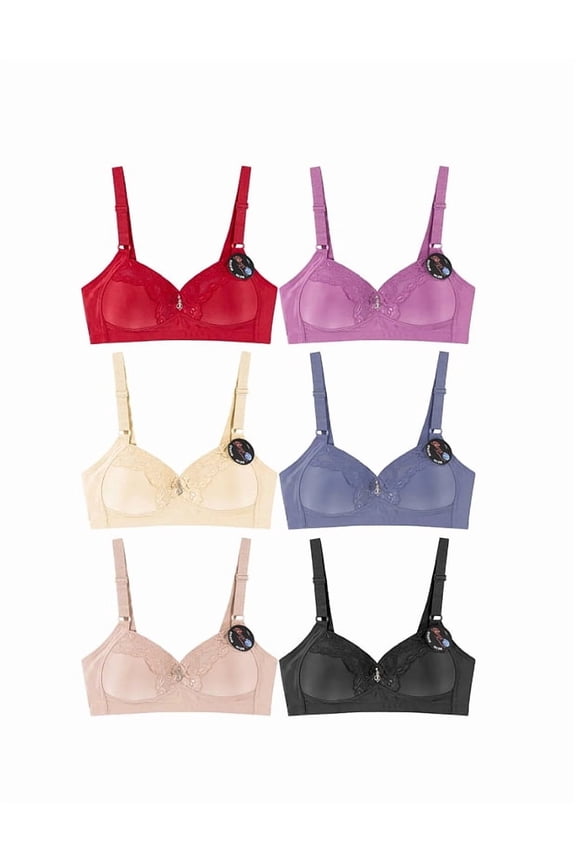 Women's Classic Embellished No-Wire Padded Colorful Bra Set Pack of 6 (Multicolor, 38B)