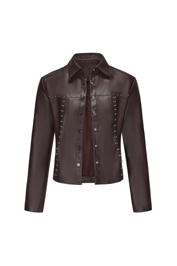 Women's Classic Faux Leather Moto Jacket Leather Cropped Jacket Biker Short Coat Jacket with Pockets Women's Sweatshirt Jacket S-144 Coffee M