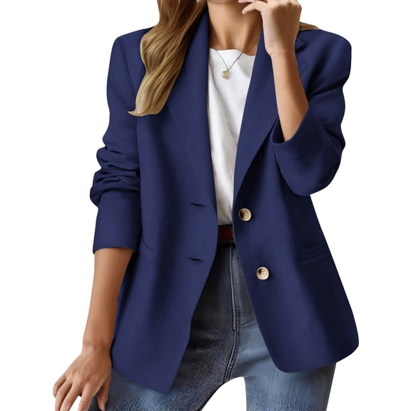Women's Classic Fit Blazer, Two Button Closure Suit Jacket, Notch Lapel Work Blazer, Long Sleeve Open Front Jacket, Business Casual Blazer, Pocket Detail Blazer, Office Wear Jacket Dark Blue