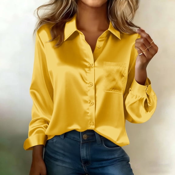 Women's Classic Fit Satin Shirt, Solid Color Long Sleeve Collared Blouse, Elegant Office Work Tops and Casual Wear Shirt for Women Yellow S