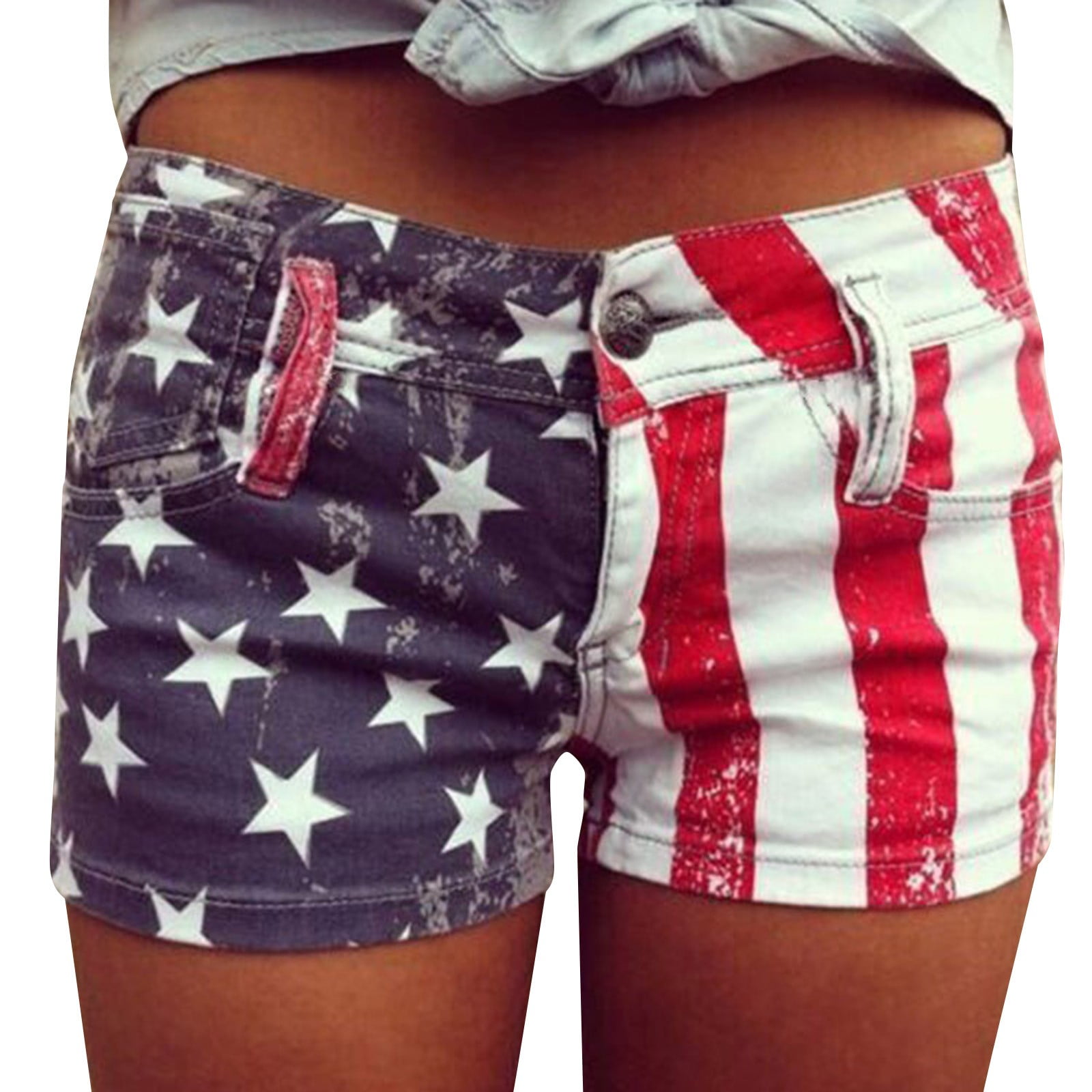 Women's Classic-Fit Shorts Ripped Flag Printed Denim High Waist Frayed ...