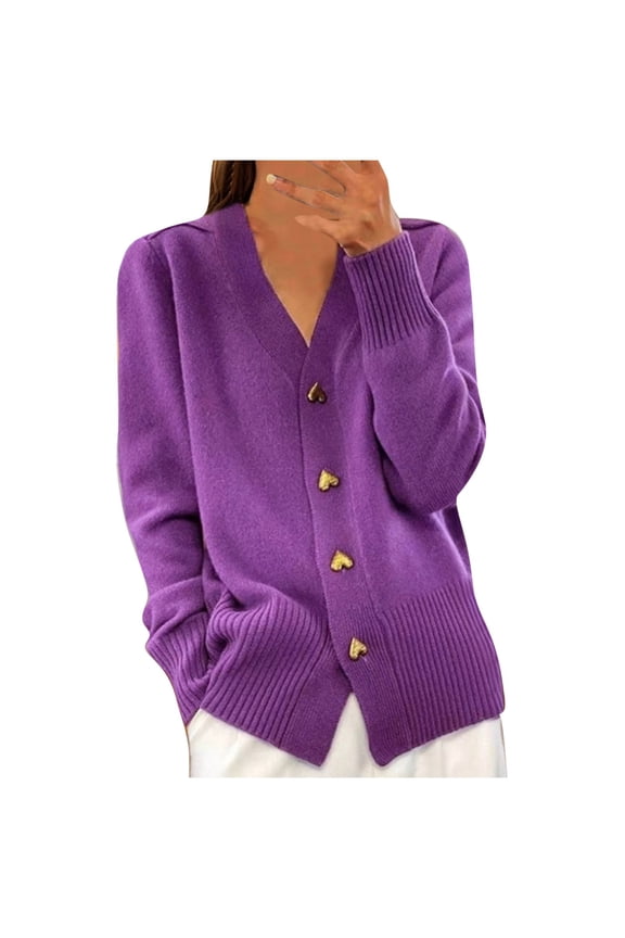 Women's Classic Fit Sweaters Trendy Heart Button Cardigan Solid Long Sleeve Knit Shirt Jackets Coat