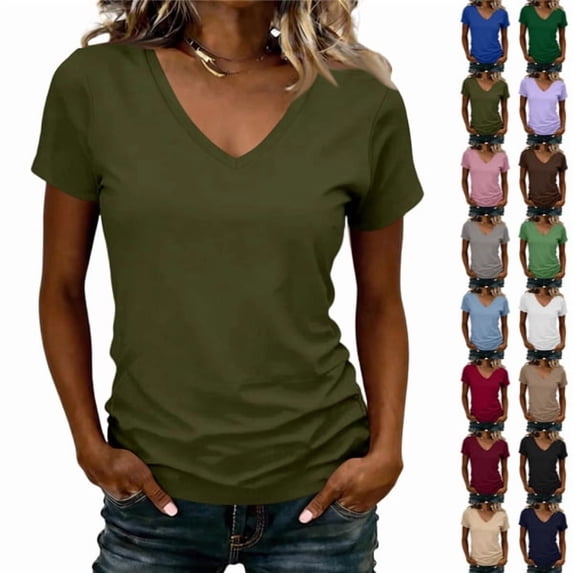 Women's Classic Fit T Shirts Short Sleeve V Neck Casual Tee Shirt Summer Tops Army Green M