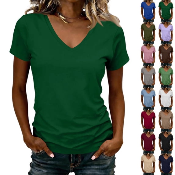 Women's Classic Fit T Shirts Short Sleeve V Neck Casual Tee Shirt Summer Tops Dark Green S