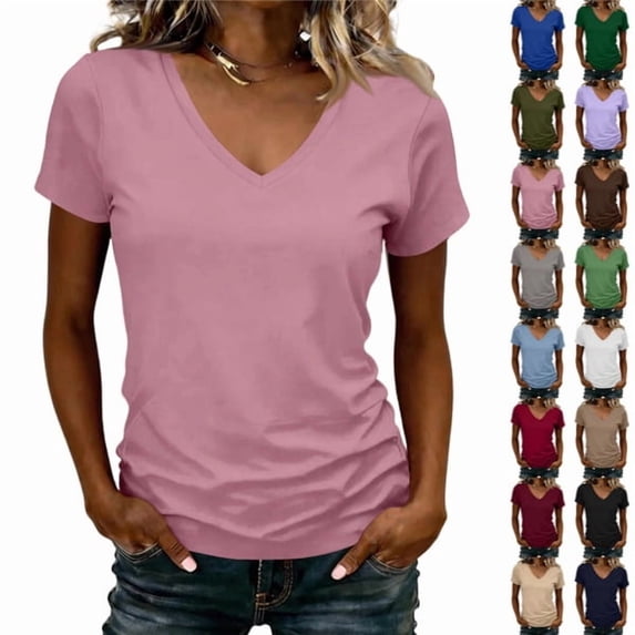 Women's Classic Fit T Shirts Short Sleeve V Neck Casual Tee Shirt Summer Tops Pink M