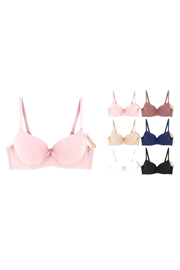 Women's Classic Gentle Push Up Padded Colorful Bow Bra Set Pack of 6 (Multicolor, 34D)