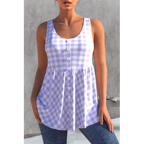 Women's Classic Gingham Sleeveless Peplum Tunic Top Button-Down Casual Tank Top with Side Pockets Flowy A-Line Summer Blouse