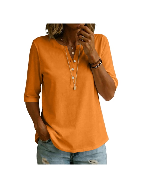 Women's Classic Henley Collar Cotton T-Shirt, Half Sleeve Casual Button Top, Lightweight Spring Summer Basic Tunic Tee 2026, XL