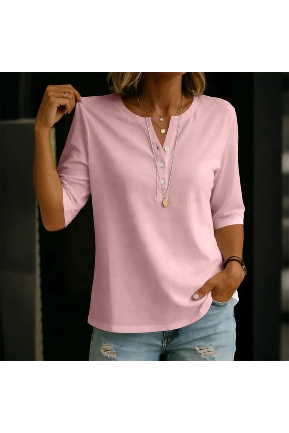 Women's Classic Henley Collar T-Shirt, Half Sleeve Casual Button Top, Lightweight Spring Summer Basic Tunic Tee 2026 Pink L