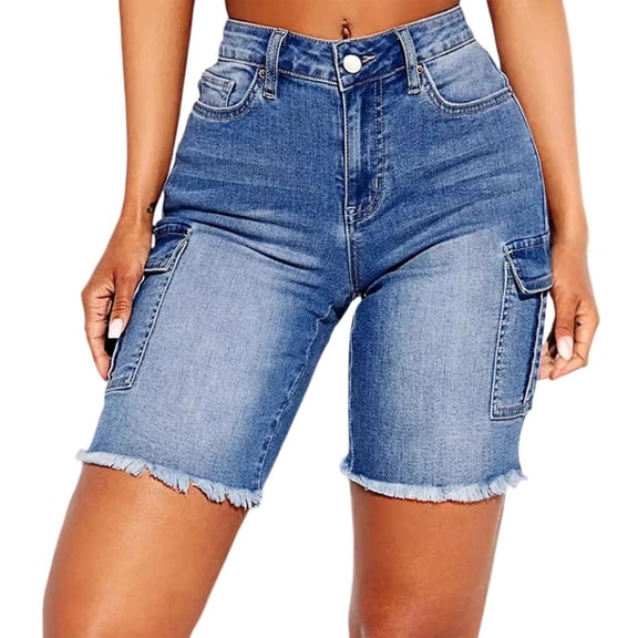 Women's Classic High Waist Denim Shorts with Belt Loop Accents, Comfort Stretch Fabric for Outdoor Activities,Dark Blue L