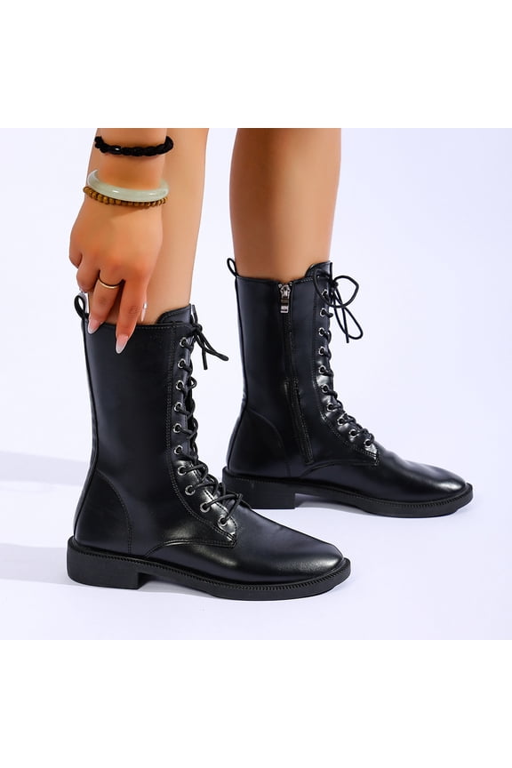 Women's Classic Lace Up Combat Mid Calf Boots Side Zipper Flat Low Heel Square Toe Smooth Faux Leather for Punk Style All Season Casual Outfits Black 36