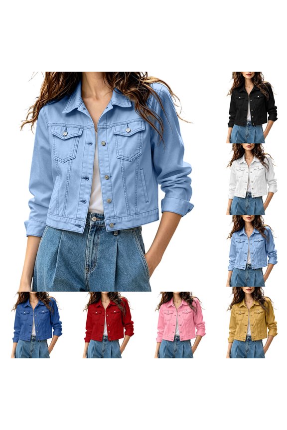Women's Classic Lapel Cropped Denim Jacket Chest Pockets Button Front Short Jean Coat Blue L
