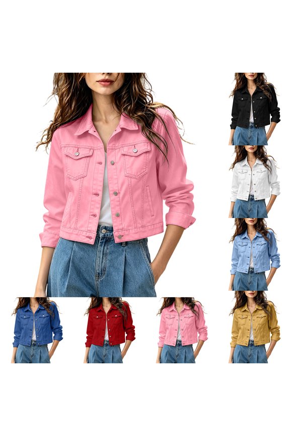 Women's Classic Lapel Cropped Denim Jacket Chest Pockets Button Front Short Jean Coat L