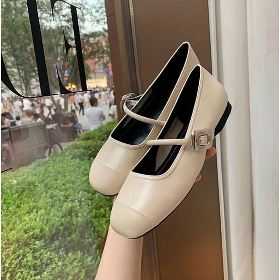 Women's Classic Leather Square Toe Flat Mary Jane Shoes Fashion Slip On Buckle Casual Ballet Shoes Comfortable Closed Toe Office Work Dress Shoes