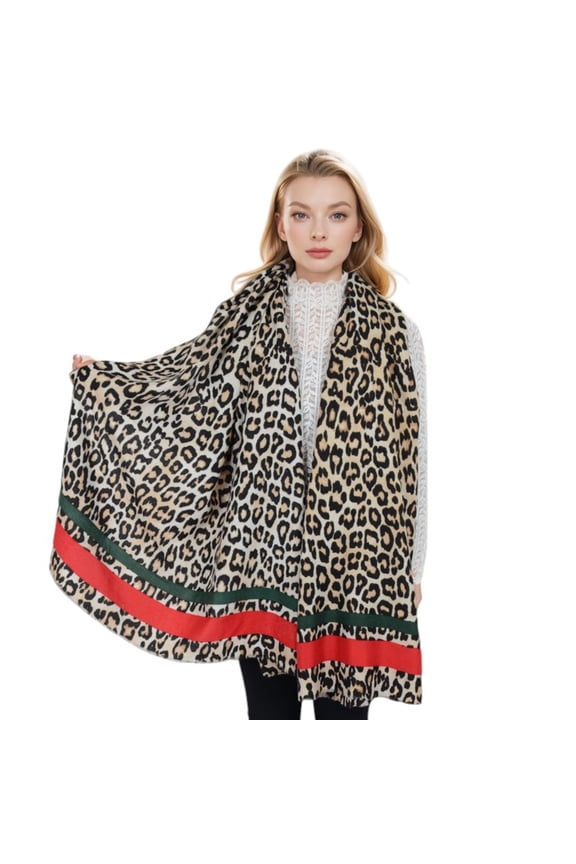 Women's Classic Leopard Print Scarf Contrasting Stripes Lightweight Shawl Wrap Scarves- Red Green