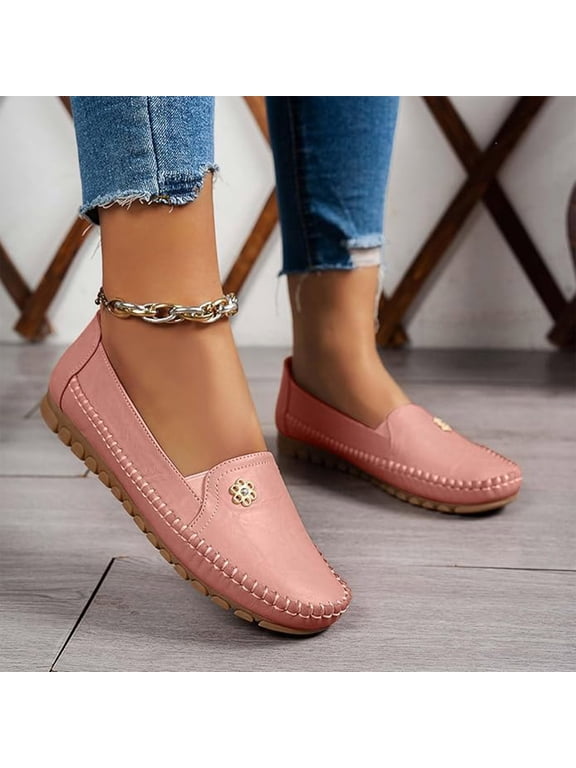 Women's Classic Loafers Lightweight Non-Slip Hand-Stitched Nurse Shoes Comfortable Soft Sole Slip-On Leather Flats