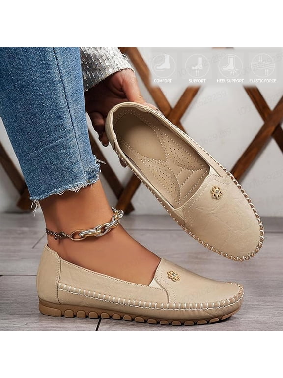 Women's Classic Loafers Slip on Shoes with Anti-Slip Rubber Sole Soft Pu Upper Walking Flats Loafers Business Casual Working Shoes,Beige 40(US-7.5)