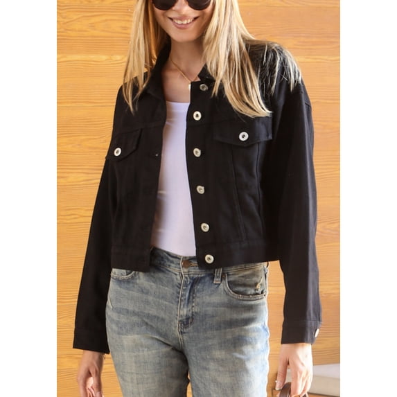 Women's Classic Long Sleeve Button Down Crop Denim Jean Jacket, Black, Large