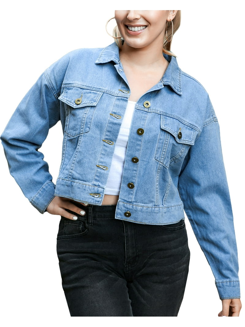Women's Classic Long Sleeve Button Down Crop Denim Jean Jacket