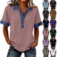 thumbnail image 1 of Women's Classic Loose Fit Polo Shirts Trendy Short Sleeve Denim Trim Half Button Casual Summer Tops Light pink XXL, 1 of 5