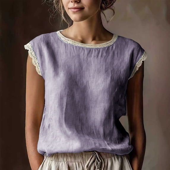 Women's Classic Loose Fit Sleeveless Lace Blouse with Round Neck for Everyday and Travel, Purple, XL