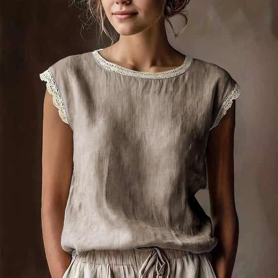 Women's Classic Loose Fit Solid Lace Trim Sleeveless Blouse with Round Neckline for Daily and Wear, S, Beige