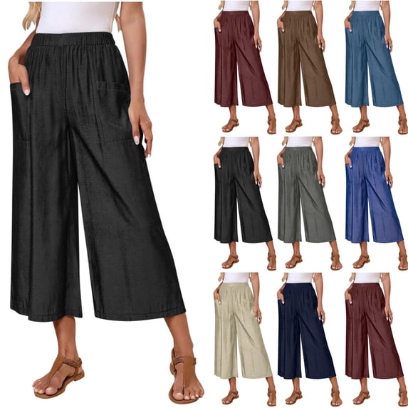 Women's Classic Loose Fit Wide Leg Culottes Trendy Elastic Waist Side Pocket Casual Summer Cropped Trousers Black S