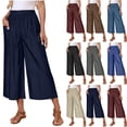 thumbnail image 1 of Women's Classic Loose Fit Wide Leg Culottes Trendy Elastic Waist Side Pocket Casual Summer Cropped Trousers Navy M, 1 of 9