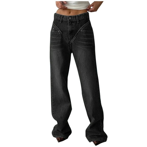 Women's Classic Low Rise Denim Pants Straight Leg Distressed Full Length Distressed Long Solid Jeans with Pockets