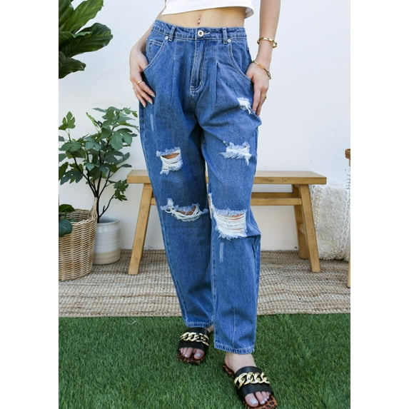 Women's Classic Mid Rise Boyfriend Cropped Denim Jeans Loose Harem Pants