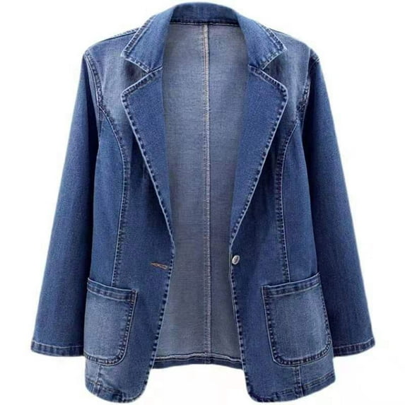 Women's Classic Notch Lapel Denim Blazer One Button Long Sleeve Slim Office Jean Jacket
