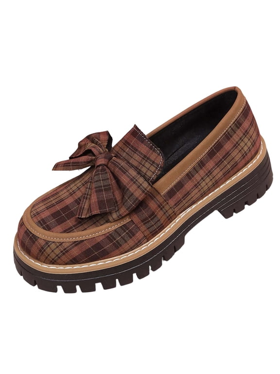 Women's Classic Penny Loafers Plaid Bowknot Platform Chunky Heel Loafer for Women Comfortable Womens Business Casual Shoes Brown 7(39)