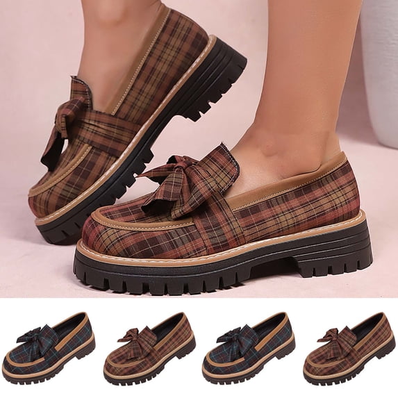 Women's Classic Penny Loafers Plaid Bowknot Platform Chunky Heel Loafer for Women Comfortable Womens Business Casual Shoes Light Blue 9.5(43)