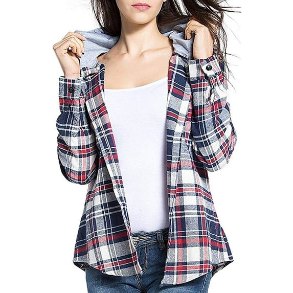 Women's Classic Plaid Cotton Hoodie Button-up Flannel Shirts