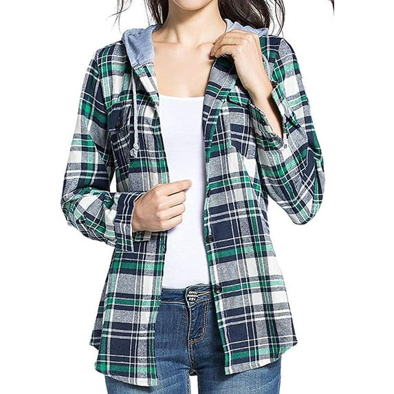 Women's Classic Plaid Cotton Hoodie Button-up Flannel Shirts