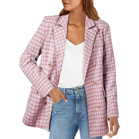 Women's Classic Plaid Double-Breasted Blazer Jacket Stylish Long Sleeve Outerwear for Casual & Formal Wear