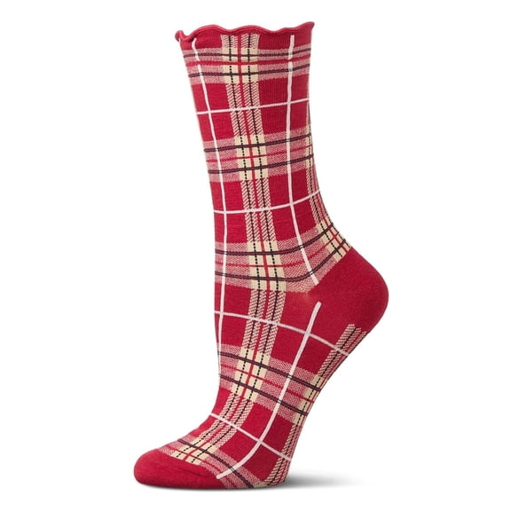 MeMoi Women's Classic Plaid Lettuce Edge Crew Socks - Womens - Female, 9-11, Red