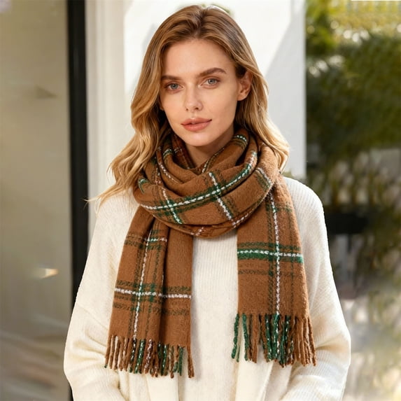 Women's Classic Plaid Scarf with Fringe, Warm Soft Winter Scarf for Women, Fashionable Tartan Shawl Wrap for Cold Weather and Outfit Layering - Yellow
