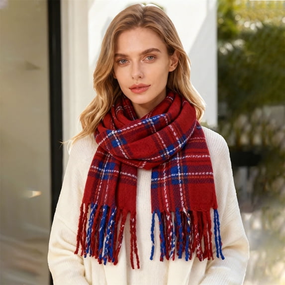 Women's Classic Plaid Scarf with Fringe, Warm Soft Winter Scarf for Women, Fashionable Tartan Shawl Wrap for Cold Weather and Outfit Layering - Red