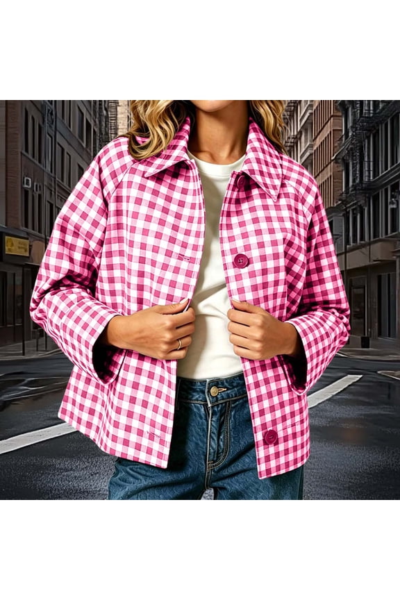 Women's Classic Plaid Short Collared Jacket Button Front Hidden Side Pockets Loose Boxy Fit Multi Check Shades for Daily Shopping Light Outdoor Walks Pink XXL